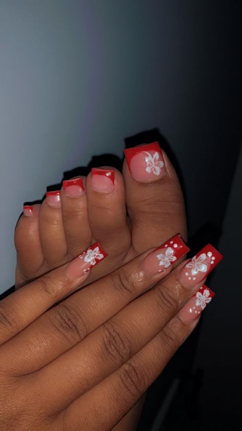 White Tip And Flower Nails, Hibiscus Flower Nails Red French Tip, Easy Red Nails Design, Toe Nails Ideas Flowers, Old School Flower Nail Design, Nail And Pedicure Ideas, White Nails With Hawaiian Flower, Hibiscus Flower Toe Nails Design, Summer Nail And Toe Ideas