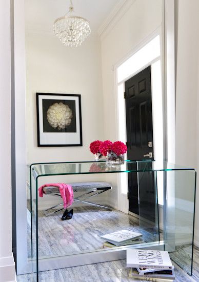 Suzie: Buchman Photo - Jodie Rosen Design - Modern foyer design Modern Foyer Design, Waterfall Console Table, Farmhouse Entry Table, Waterfall Console, Acrylic Console Table, Small Entryway Table, Modern Foyer, Glass Waterfall, Entrance Table