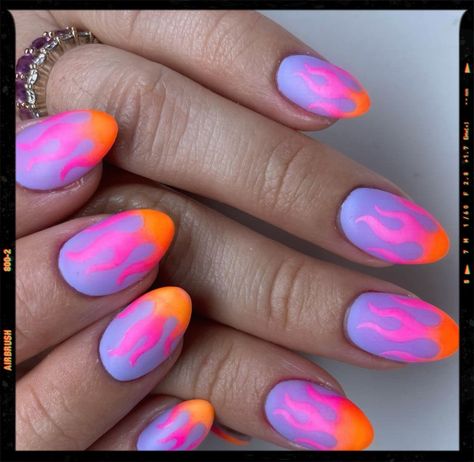 Neon And Checkered Nails, Orange Purple Halloween Nails, Neon Nails Aesthetic, Neon Fire Nails, Neon Pink And Blue Nails, Fire Design Nails, Pink Orange Nails Summer, Neon Light Nails, Purple Orange Nails