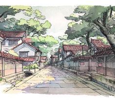 Japanese House Art, Japanese House Drawing, House Sketches, Old Japanese House, Town Drawing, Japan Watercolor, Village Drawing, House Design Drawing, Japanese Town