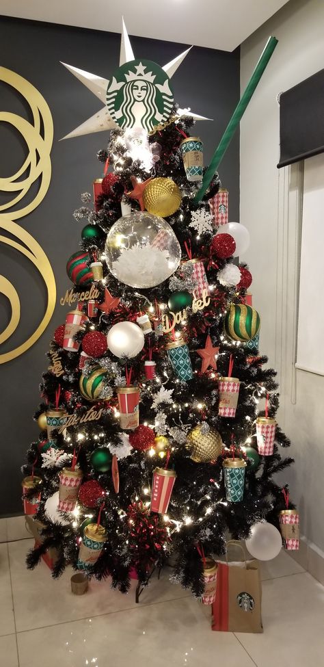 Starbucks Themed Christmas Tree, Starbucks Holiday Decorations, Business Christmas Tree Ideas, Office Christmas Tree Themes, Christmas Tree Competition, Starbucks Christmas Tree Ideas, Coffee Theme Christmas Tree, Food Theme Christmas Tree, Starbucks Christmas Decorations