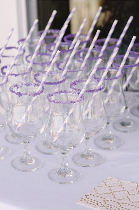 purple sugar rimmed glasses | drink ideas | bridal shower ideas | #weddingchicks Purple Candy Bar, Deco Violet, Lila Party, Purple Birthday Party, Purple Bridal Shower, Purple Wedding Cakes, Purple Wedding Theme, Purple Candy, Purple Birthday