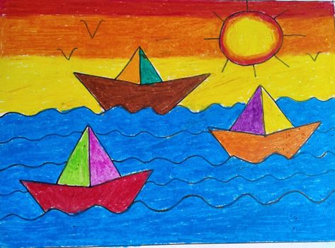 Earth Day Drawing, Drawing Classes For Kids, Easy Scenery Drawing, Kid Drawing, Morning Wednesday, Children Painting, Rangoli Designs Simple Diwali, Boat Drawing, Art Beat