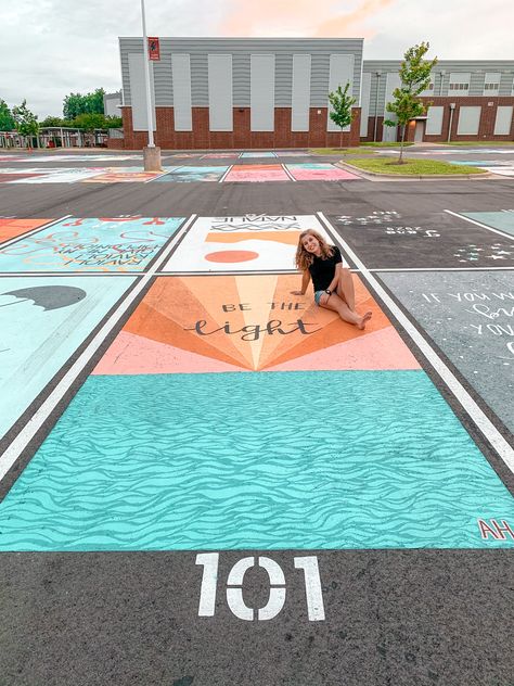 Aesthetic Painted Parking Spots, Pink And Orange Parking Spot, Football Parking Spot Painting, Christian Parking Spot Ideas, Boho Senior Parking Spot, Christian Painted Parking Spots, Senior Parking Spaces Jesus, Jesus Senior Parking Spot, Senior Parking Spaces 2024