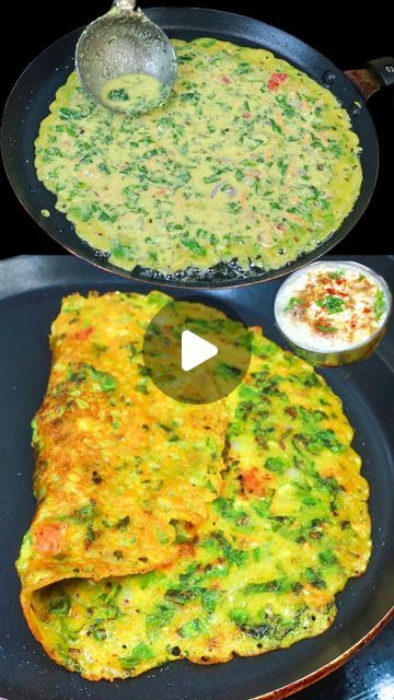 Shyamlis Kitchen on Instagram: "Tasty Chilla For Breakfast In 5 Mins/Healthy Recipe
Ingredients :-

1/2 Cup Wheat Flour 
1/4 Cup - Besan 
1/4 Cup - Semolina/Suji
 1.1/2 Cup/360 Ml - Water 
1 Cup - Palak Fine Chopped 
1 Tbsp - Coriander leaves 
1 - Small Onion 
2 Tbsp - Carrot 
1 - Small Tomato 
1/4 Tsp - Carom Seeds 
Salt to taste
1/4 Tsp - Turmeric Powder 
1/4 Tsp - Black Pepper 
1/4 Tsp - Chilli Flakes 

For Tadka :-

1 Tbsp - Oil 
1/2 Tsp - Cumin
1 - Green Chilli 
1 Inch - Ginger
2-3 Garlic
1 Tsp - Sesame Seeds 
5-6 Curry Leaves 

1 Tsp - Oil" 2 Min Recipes Veg, Indian Food Recipes Videos, Healthy Chilla Recipe, Green Tomato Curry Recipes, Carrot Leaves Recipes, Besan Chilla Recipe, Healthy Dosa Recipe, Breakfast Recipes Indian Veg Healthy, Besan Chilla