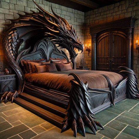 Dragon Bed, Love Dragon, Gothic Homes, Dragon Bedding, Fierce Dragon, Gothic Decor Bedroom, Dragon Stuff, Gothic Bedroom, Fantasy Furniture