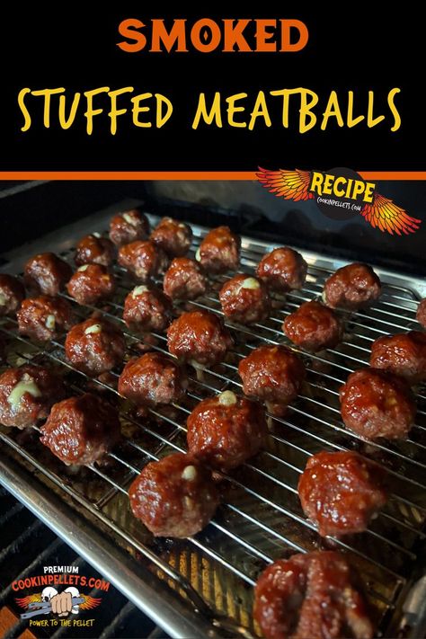 Smoked Stuffed Meatballs Smoker Meat Recipes, Smoked Meatballs, Pellet Smoker Recipes, Grilled Appetizers, Ground Beef Meatballs, Stuffed Meatballs, Cheese Stuffed Meatballs, Bbq Meatballs, Pellet Grill Recipes