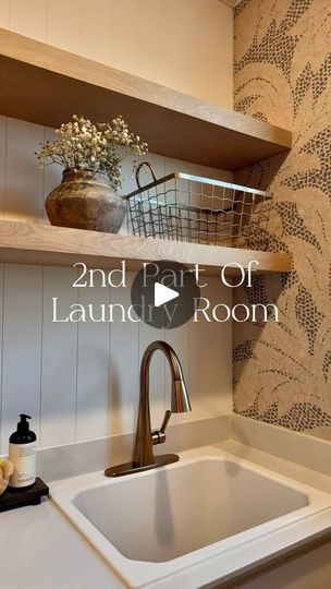 35K views · 572 reactions | My excitement was off the charts when we opened the box!   These gorgeous white oak shelves from @lyonscrafted couldn’t be any better, and they perfectly complement the wallpaper in our laundry room. Plus, they were pretty simple to install—just find the studs, make sure those brackets were level, and on they went.   BUT We’re not done yet—there are still a few more finishing touches to add. Stay tuned for the final reveal!   🤎 Product Ordered 🤎   •  Bare white oak floating shelves  •  63” length x 12” depth   •  Metal Brackets (recommended for shelves over 10” deep)  SAVE & SHARE with a bestie!  Comment “SHELF” to receive a 🔗 with the details and ENSURE to follow @the.cardinal.home so the Msg doesn’t get blocked 🤗  _____  #homediy #homedecor #laundryroom #h Laundry Floating Shelves, Laundry Room With Floating Shelves, Laundry Room Floating Shelves, White Oak Shelves, White Oak Floating Shelves, Oak Floating Shelves, Not Done Yet, Laundry Cabinets, Laundry Room Sink