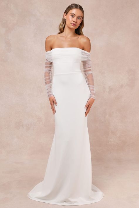 White Mesh Dress - Off-the-Shoulder Maxi Dress - OTS Mesh Dress - Lulus Lulus Wedding Dress, Tulle Maxi Dress, Anna Dress, Sleeve Wedding Dress, White Tulle, White Off Shoulder, Mermaid Fashion, White Mesh, Lulu Dresses