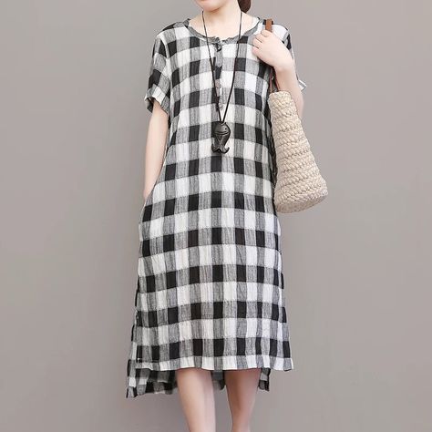 Black white women's dress Summer Linen Plaid Dress, Casual Linen Plaid Dress, Casual Black Plaid Cotton Dress, Black Knee-length Plaid Dress For Summer, Summer Knee-length Cotton Plaid Dress, Loose Dress Casual, Grid Dress, Floral Print Tunic, Overalls Pants