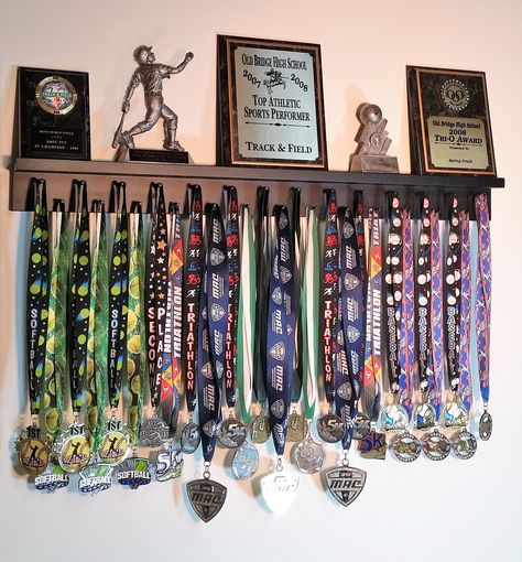 3 Foot Black Medal Awards Display Shelf.  www,MedalAwardsRack.com Soccer Display Ideas, Sports Awards Display Ideas, Soccer Medal Display Ideas, Trophy Shelf Ideas, Medal Display Ideas, Award Shelves, Diy Medal, Awards Display, Sports Medal Display