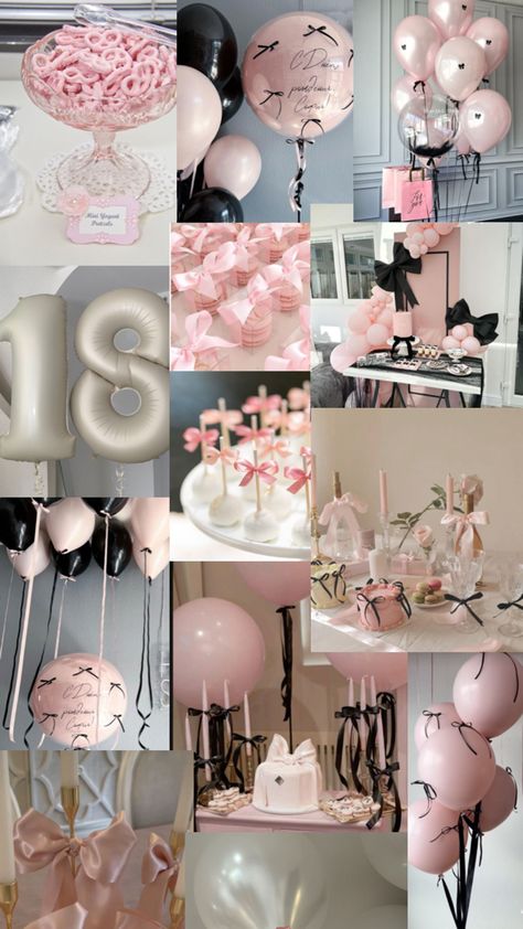 Birthday Theme Inspo Aesthetic, 14th Birthday Theme Ideas, 21st Birthday Pink Theme, Birthday 19th Ideas, Black Pink Birthday Party Ideas, Pink Birthday Theme Decor, 18th Birthday Party Themes Decoration, 14th Birthday Party Ideas Themes, Pink Bow Birthday Party