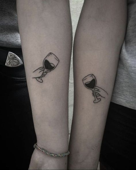 Matching Tattoos Wine, Wine Tattoo Best Friend, Unique Matching Tattoos For Best Friends, Tatuaje Ekg, Bff Tattoos Unique For Two, Bff Tattoos Matching Unique, Unique Friendship Tattoos, Pair Tattoos, Wine Tattoo