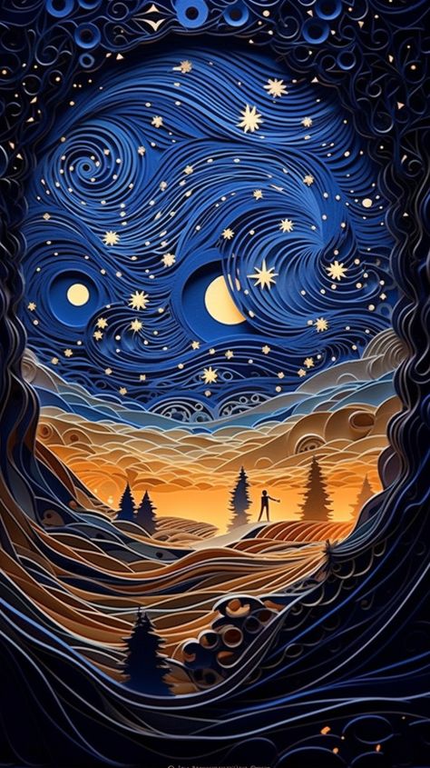 Explore the serene blend of poetry and art in this AI-generated image. Embodying a captivating mix of paper cut craft, soft grasslands, and a starry night sky. The surreal depiction of elderly cartoon skeleton lovers under the glow of a star-studded galaxy stimulates thought, making it an ideal backdrop for verse creation. Let your imagination wander and your words flow. Dive into the world of poetic imagery with us. @better_t0morrow. Paper Art Wallpaper, Starry Night Inspired Paintings, Night Sky Wall Art, Poetic Art, Cartoon Skeleton, Art Imagination, Skeleton Lovers, Starry Night Wallpaper, Cut Paper Art