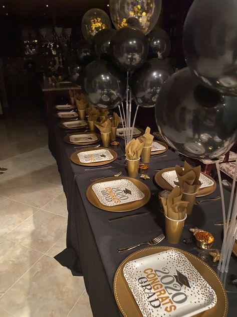 Glam Black and Gold Graduation Table | Gold graduation party, Nurse graduation party decorations, Graduation party themes Dessert Table Ideas 60th Birthday, Graduation Place Settings, Graduation Table Party Ideas, Graduation Party Table Set Up Ideas, Graduation Table Setting Ideas, Grad Dinner Decorations, Black Tie Graduation Party, Graduation Dinner Decorations, Graduation Dinner Decor