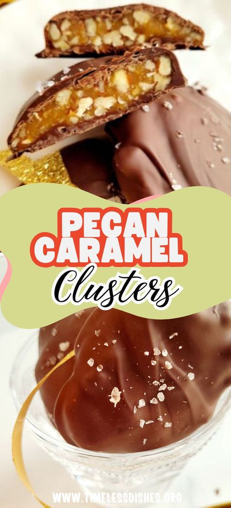 Treat yourself to these irresistible pecan caramel clusters. Crunchy pecans are coated in smooth, gooey caramel and topped with rich chocolate for the perfect sweet and salty treat. Caramel Pecan Candy, Chocolate Caramel Pecan Clusters, Recipes With Caramel Bits, Flavored Caramels, Pecan Clusters Recipe, Chocolate Pecan Clusters, Pecan Caramel Clusters, Caramel Clusters, Pecan Clusters