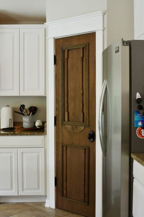 Kitchen Update: Painted Cabinets and Shiplap | Antique Pantry Door, Antique Pantry, Pantry Redo, Vintage Pantry, Kitchen Cabinet Trends, Corner Pantry, Vintage Doors, Antique Doors, Antique Kitchen