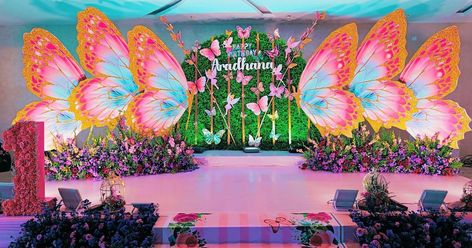 #1stbirthday #butterflytheme | Instagram Marriage Images, Reception Stage Decor, Birthday Theme Decoration, Reception Stage, Cradle Ceremony, Stage Decor, Stage Decoration, Birthday Balloon Decorations, Engagement Decorations