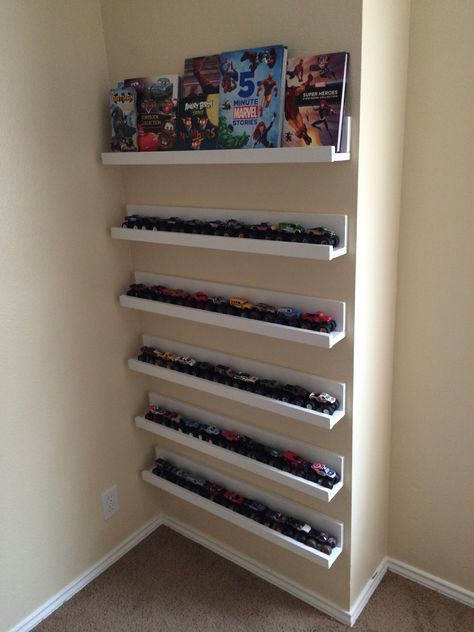 Book Shelf/Monster Truck shelf How To Organize Monster Trucks, Monster Truck Storage Ideas Diy, Diy Monster Truck Storage, Hot Wheels Monster Truck Storage, Kids Monster Truck Room, Monster Truck Room Ideas, Car Shelf, Monster Truck Toy Storage, Monster Truck Bedroom Ideas Boy Rooms