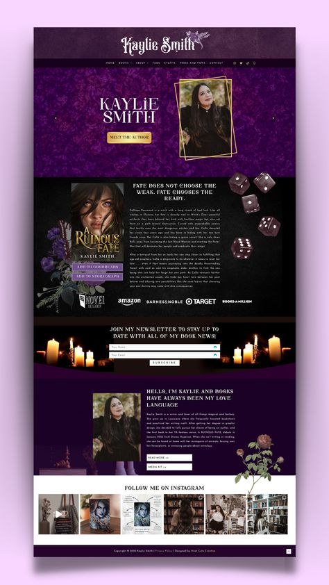 A screenshot of a homepage for author Kaylie Smith's website. Fantasy Website Design Inspiration, Book Website Design Inspiration, Fantasy Website Design, Author Website Design Inspiration, About Me Page Website, Book Website Design, Portfolio Site Design, Tarot Website, Fantasy Website