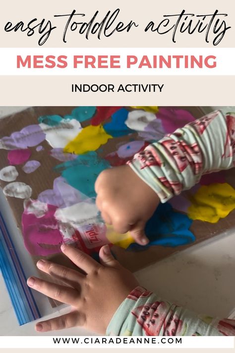 If you're looking for a fun way to keep your toddler entertained without a big mess - this one is for you. drop dots of paint all over a piece of cardboard or canvas and put it inside a plastic bag. Let your toddler smoosh all the colors around to create their own beautiful painting. Take it out of the bag to dry. For more detailed instructions or more easy to set up activities - check out the blog! Indoor Activity For Toddlers, Easy Indoor Activities, Mess Free Painting, Indoor Toddler Activity, Indoor Activities For Toddlers, Free Painting, Easy Toddler Activities, Screen Free Activities, Toddler Activity