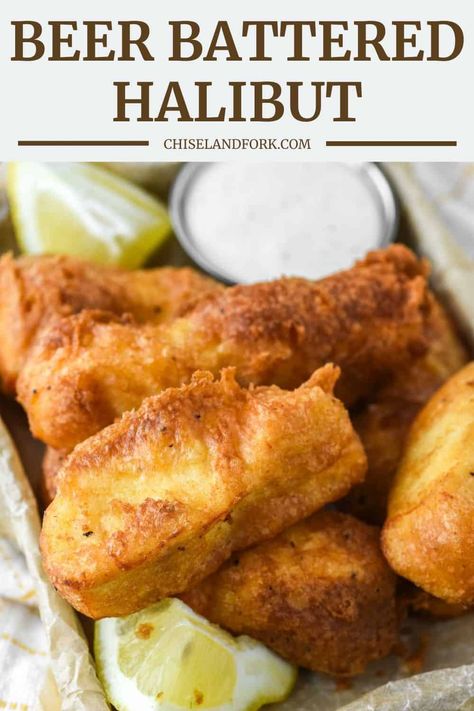 This beer battered halibut is made with basic ingredients that creates a crunchy coating around the sweet and buttery fish. #beerbatteredhalibut #beerbatteredfish #friedfish | chiselandfork.com Halibut Bites Recipe, Beer Battered Halibut Recipes, Beer Batter Halibut, Beer Battered Halibut, Fried Halibut, Beer Battered Fish Recipes, Mac And Cheese Recipe Soul Food, Fish Batter, Beer Battered Cod