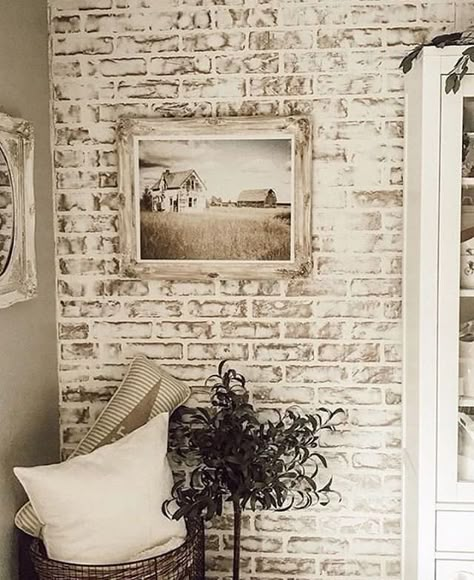 White Washed Brick Interior Accent Walls, Faux Wall With Fireplace, Brick Entryway Wall, Brick Wall In Bedroom, Farmhouse Feature Wall, Industrial Farmhouse Bedroom, Industrial Farmhouse Design, Industrial Fireplace, Fireplace Brick