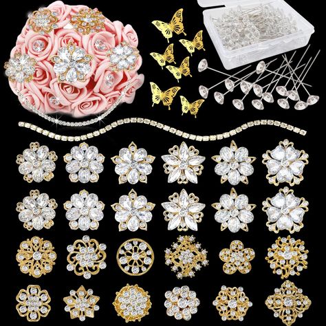 PRICES MAY VARY. ❤Brooches Mixed kit : Total 24 PCS Brooches +12PCS 3D butterfliers +1/2 yard rhinestione chain trim. The brooches are sparkly shinging in flower shape(12PCS) which is perfect for your craft, especially to bling your for flower centerpiece or bridal bouquet. ❤Beautiful Color： Gold tone alloy metal base with clear rhinestones and its an eye-catching in the crowds ❤Pin design: Have a pin on the back, easy to decorate to anywhere you like. ❤Wide used: Sparkling rhinestone pearl broo Quinceanera Green, Crystal Wedding Bouquet, Wedding Bridesmaid Flowers, Rhinestone Bouquet, Boutonniere Pins, Flower Centerpiece, Pin Design, Brooch Bouquet, Green Theme