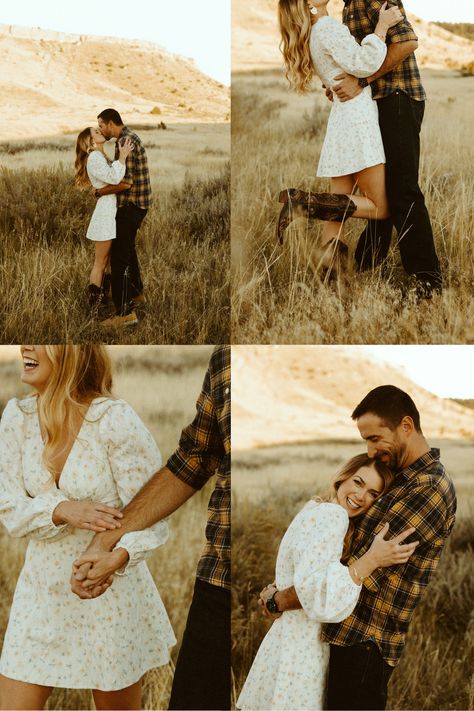 Country Inspired Engagement Photos, Sage Green Dress Engagement Photos, Boho Country Engagement Photos, Bluebonnet Photoshoot Couples, Boho Engagement Photoshoot, Couples Photoshoot Boho, Rustic Boho Engagement Photos, Engagement Photos Field Picture Ideas, Fall Rustic Engagement Photos