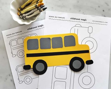 School Bus Template - Free Printable and a Bus Craft - School Bus Project, Bus Art For Preschool, Printable School Bus Template, School Bus Name Activity, School Bus Craft Kindergarten, School Bus Theme Preschool Activities, School Bus Art And Craft, School Bus Art Preschool, Preschool Bus Craft