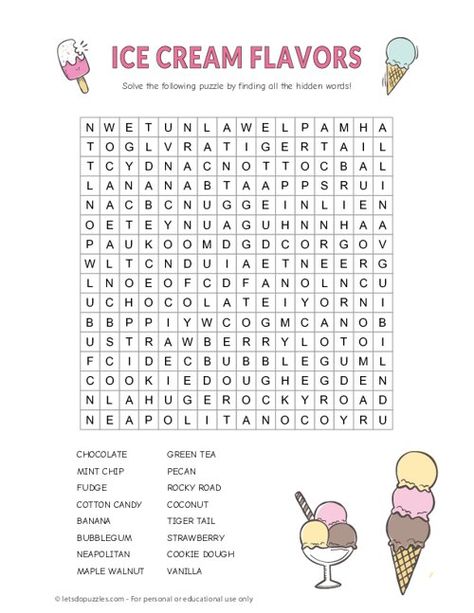 Printable Ice Cream Flavors Word Search Ice Cream Word Search, Free Word Search Puzzles Printables, Ice Cream Worksheet, Free Word Search Printables, Food Word Search, Universal Yums, Animal Word Search, Word Search Puzzles For Kids, Ice Cream Sundae Party