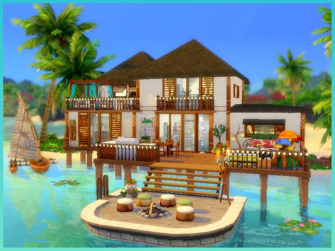 This is a cozy beach family home featuring 5 bedrooms and 4 bathroom, there is a specific bedroom for each life stage(except babies). It has an open Kitchen and dining area, a comfy living room and... Sims 4 Island Living House, Sulani Homes Sims 4, Sims 4 Beach House, Die Sims 4, Sims Builds, Sims 4 House Plans, Sims 4 House Building, Sims 4 House Design, Casas The Sims 4