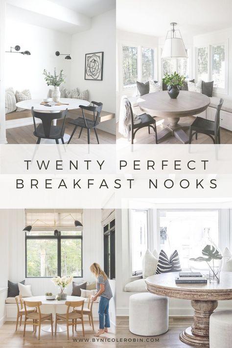 Breakfast Tables Ideas, Bench With Round Dining Table, Eat In Kitchen Dining Tables, Round Table Breakfast Nook Bay Windows, Round Table Bay Window Kitchen Nook, Studio Mcgee Kitchen Nook, Boho Kitchen Nook, Breakfast Room Table, Eating Nook Ideas