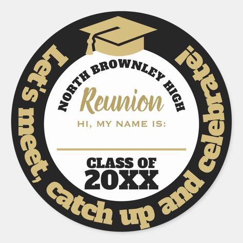 Gold and black reunion name tag Reunion Name Tags, Class Reunion Invitations, Reunion Invitations, Class Reunion, Save The Date Postcards, Celebration Party, Name Tag, Name Tags, Card Design