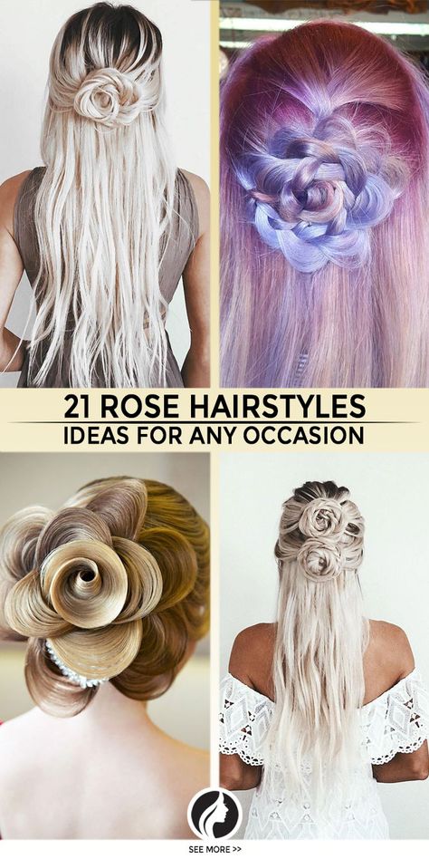 Almost all hairstyles for long hair look chic, and braided rose is not an exception. It can make you feel as if a fairy-tale were your home. Rose Updo Hairstyles, Flower Braid Hairstyles, Rose In Hair Hairstyles, Rose Hairstyles Tutorial, Rose Hairstyle, Rose Braid Hair, Rose Braid Hair Half Up, Braid Rose Hair, Braided Rose Hairstyle