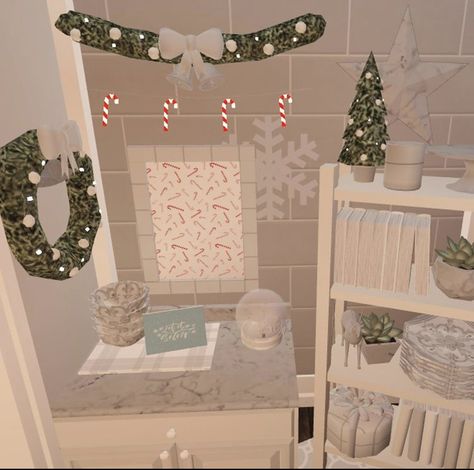 Christmas Bloxburg Kitchen Ideas, Christmas Bloxburg Bathroom, Christmas Bloxburg Decor, Bloxburg Christmas Bathroom Ideas, Christmas Bathroom Bloxburg, Christmas Room Bloxburg, Bloxburg Bedroom Ideas Christmas, Bloxburg Winter Bedroom, Christmas Bloxburg Room Ideas