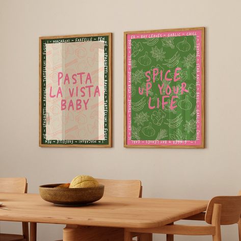 Fun Dining Room Wall Art, Poster Design Ideas Room, Quirky Kitchen Art, Wall Art Kitchen Ideas, Colourful Kitchen Decor, Fun Kitchen Prints, Kitchen Frames Decor, Fun Kitchen Art, Dining Room Prints