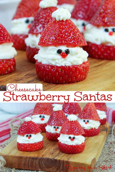 Deserts Recipes Christmas Easy, Deserts To Make For Christmas, Strawberry Santas With Cream Cheese, Christmas Treats Strawberries, Baking Recipes Desserts Christmas, Christmas Party Food And Drinks, Christmas Easy Snack Ideas, Santa Fruit Kabobs, Cute And Easy Christmas Treats