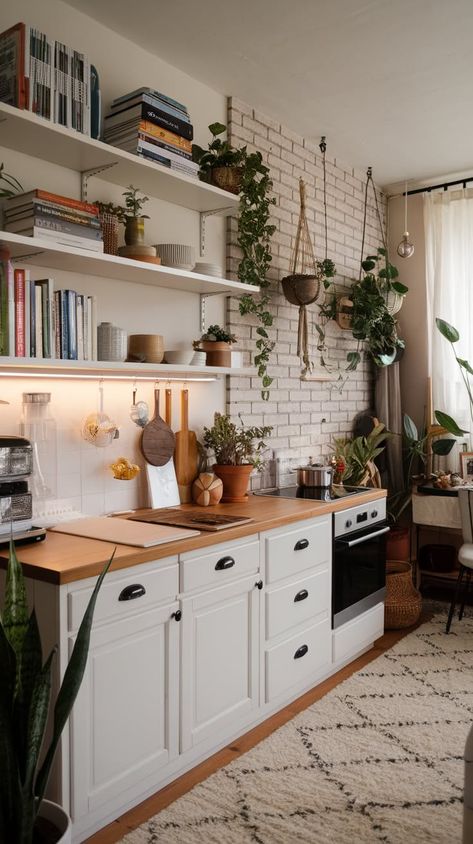 40+ Irresistible Boho Kitchen Designs That'll Make Every Day Better Scandinavian Galley Kitchen, Boho Kitchenette, Boho Galley Kitchen, Narrow House Interior, Townhouse Kitchen Ideas, Scandinavian Interior Design Kitchen, Kitchen Diner Living Room, Paris Apartment Kitchen, Small Home Inspiration