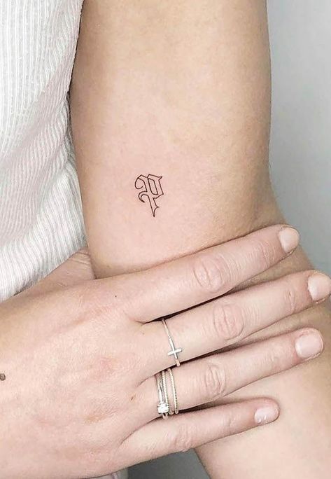 Gothic Initial Tattoo, Hand Letter Tattoos For Women, Small P Tattoo, Tattoo P Letter, Minimalist Tattoo Initials, P Tattoo Letter Design For Women, Initial Tattoos Men, Single Initial Tattoo, 3 Letter Tattoo Ideas