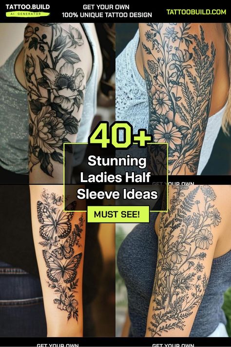 Stylish Womens Arm Tattoo Inspirations Sleeve Tattoo Concepts Galore Bottom Half Sleeve Tattoos For Women, Half Sleeve Tattoo Ideas, Sleeve Tattoo Designs, Unique Half Sleeve Tattoos, Half Sleeve Tattoos, Quarter Sleeve Tattoos, Cool Half Sleeve Tattoos, Floral Thigh Tattoos, Sleeve Tattoo Ideas