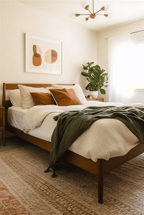 17 Most Creative Guest Bedroom Ideas to Impress Guests - By Kimberly Faye White Bedding With Orange Accents, Boho Modern Bedding, Rust And Sage Bed, Tan And Red Bedroom, Sunset Boho Bedroom, Bedroom Ideas Brown Furniture Dark Wood, Terracota Bedding Room, Earthy Mid Century Modern Bedroom, Rust Orange And Green Bedroom