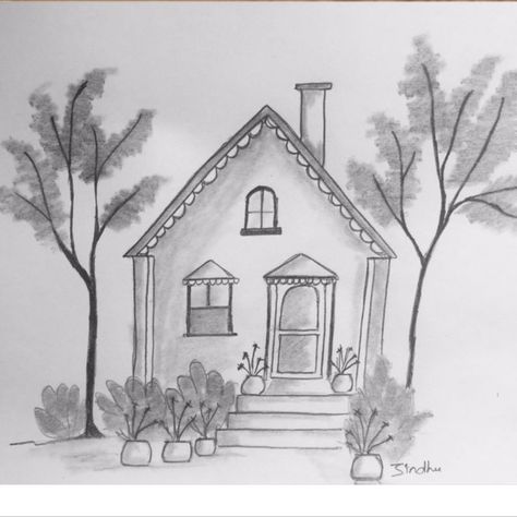 Home Drawing Simple, Home Drawing Sketches, House Pencil Sketch, House Pencil Drawing, Drawing A House, Easy House Drawing, How To Draw House, Cartoon Pencil Drawing, Dream House Drawing