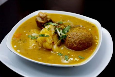 Ecuadorian Caldo De Bolas De Verde Sopa Recipe (Green Plaintain Ball Beef Soup) - Gimme Yummy Recipes Sopa Recipe, Corned Beef Soup, How To Cook Plantains, Ecuadorian Food, South American Recipes, Verde Recipe, Peruvian Recipes, Small Tomatoes, Beef Soup