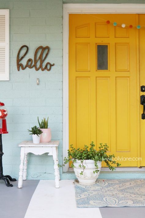 Mustard Yellow Front Door Paint Color - Jackson Square by Valspar - Colorful Front Porch Decor by Lolly Jane Yellow Front Door, Yellow Front Doors, Best Front Doors, Front Door Paint Colors, Yellow Door, Door Paint Colors, Yellow Doors, Painted Front Doors, Exterior Paint Colors For House