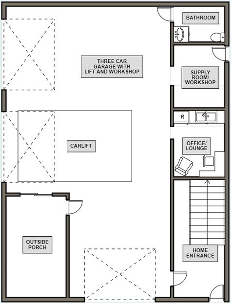 Ideal for mechanic's home barndominium: First floor is sound proof in garage area to not disturb living space on second floor. Third garage entrance near staircase for family parking and not for work. #barndominium #garage #garagehouse #mechanichome Barndominium Garage, Mechanics Garage, Garage Entrance, First Floor Plan, Family Park, Garage Floor Plans, Mechanic Garage, Floor Plan Layout, Garage Floor