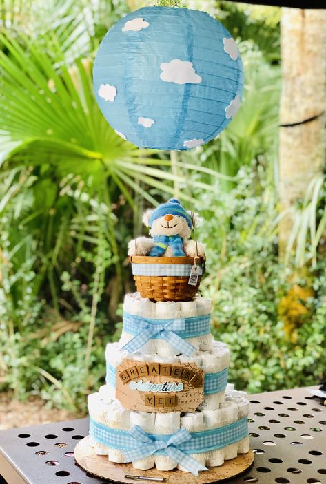 Creative Diaper Cakes, Diaper Cakes For Baby Boy, Hot Air Balloon Diaper Cake, Teddy Bear Diaper Cake, Diaper Cake Ideas, Baby Bath Gift, Pamper Cake, Baby Shower Planner