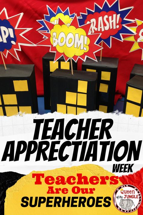 A great way to thank teachers for the hard work they have done throughout the year is to celebrate Teacher Apprecitation Week with Superhero themed activities and gifts. Teachers are Superheroes and you can show your apprecitation with special gifts, breakfast, snacks and a luncheon. This packet includes fun ideas to implement and ready to use printables to make preparation fast and easy. This is a great resource for PTA, PTO, Principals, and Administrative Teams. Teacher Appreciation Week Super Hero Themes, Superhero Staff Appreciation Week, Super Hero Teacher Appreciation Week Ideas, Superhero Teacher Appreciation Week, Superhero Themed Activities, Superhero Teacher Appreciation Gifts, Middle School Teacher Gifts, Superhero Teacher Appreciation, Heroes Theme