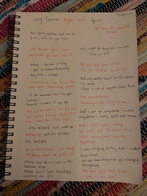 Song Lyric Journal Ideas, My Favorite Lyrics Journal, Lyrics I Love Journal Page, Favorite Lyrics Journal, Taylor Swift Notebook Ideas, Lyrics I Love Journal, Song Lyrics Journal Page, Taylor Swift Notes, Taylor Swift Journal Pages