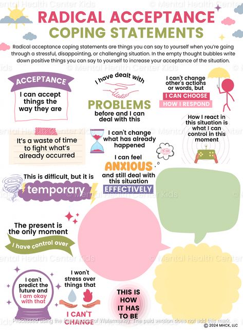 Radical Acceptance Coping Statements Worksheet – Mental Health Center Kids #Understanding #Mental #Health #Nurturing #Emotional #Wellbeing #HealthTips #FitnessTips #SelfCare Coping Skills Tool Box For Adults, Coping Statements, Accept Reality, Dbt Therapy, Healthy Coping Skills, Dbt Skills, Mental Health Activities, Behavior Therapy, Radical Acceptance